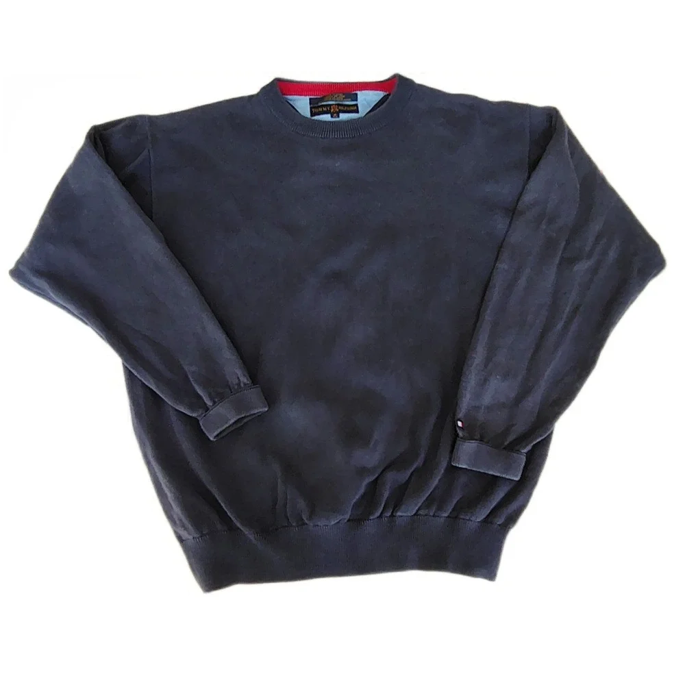 Vtg 90s Tommy Hilfiger Mens Crew Neck Pullover Sweater Medium Navy Blue Preppy - Picture 2 of 6